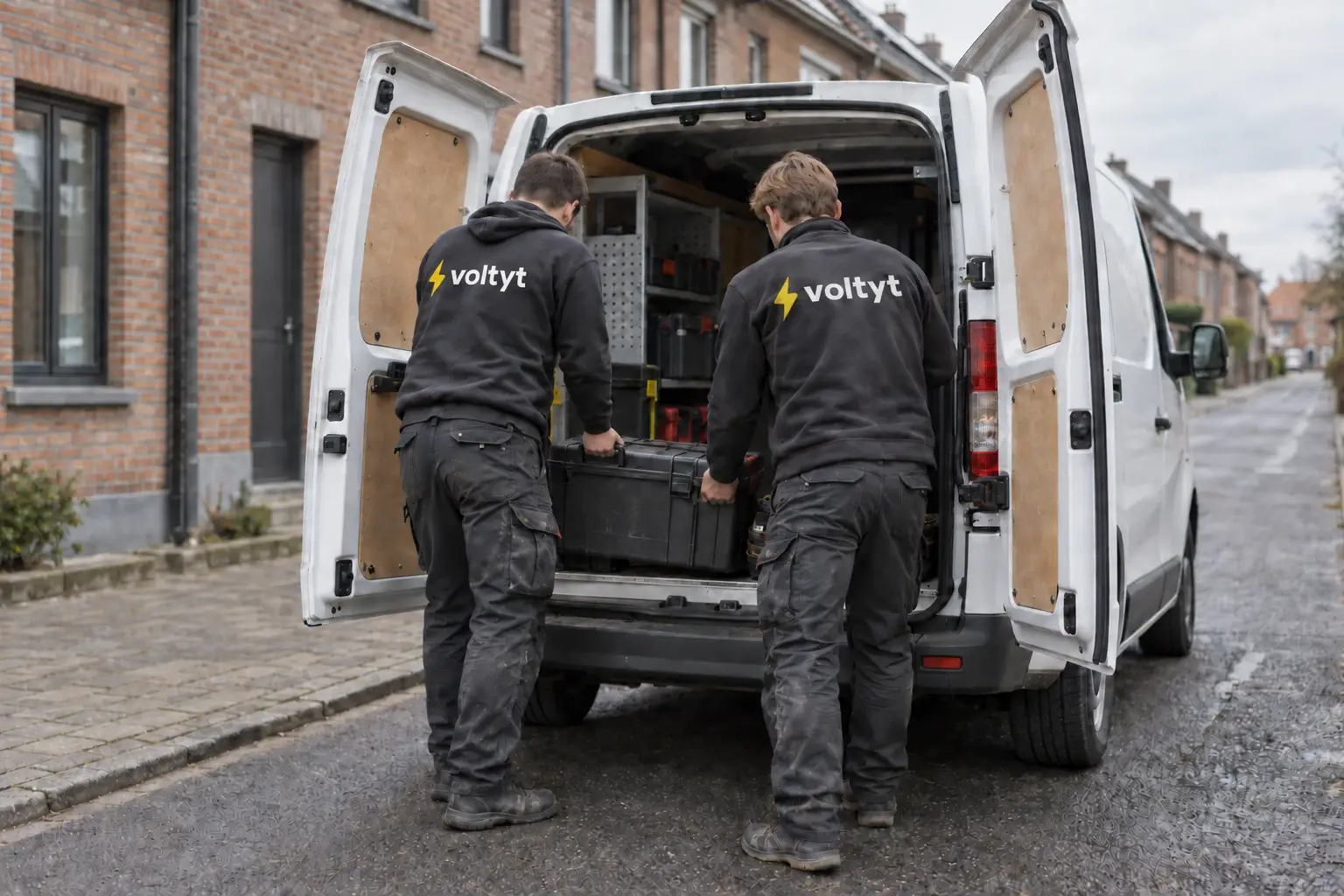 2 électriciens voltyt sortent une caisse à outils de leur camionnette, dans une rue de maisons en brique