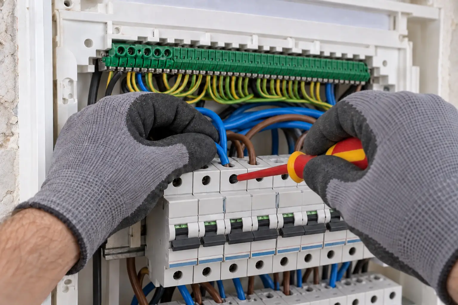 Mains gantées d'un électricien au travail dans un tableau électrique