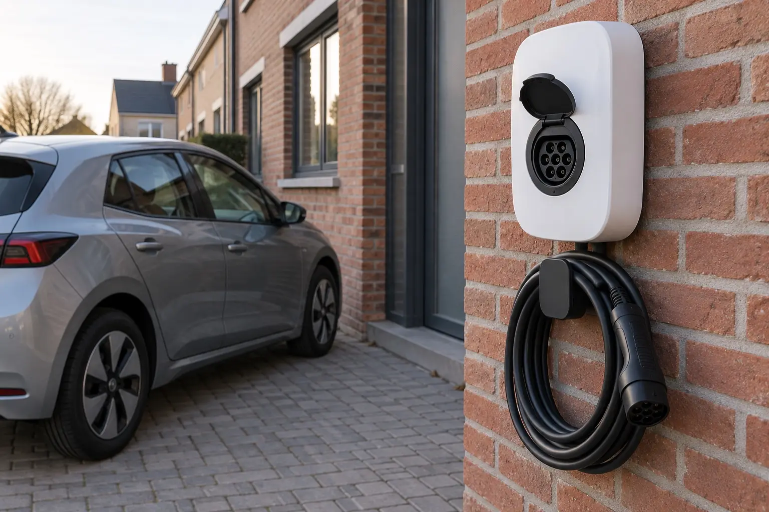 Borne de recharge murale sur une façade en brique, voiture électrique garée dans l'allée