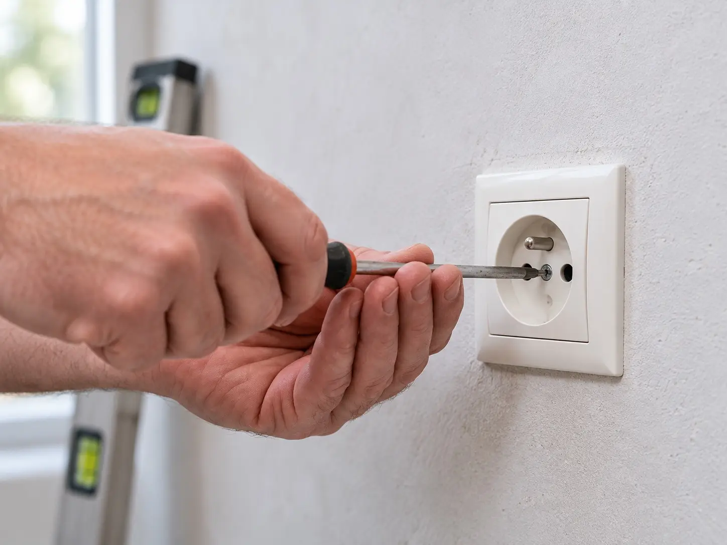 Pose d'une prise encastrée au tournevis, sur un mur fraîchement plafonné