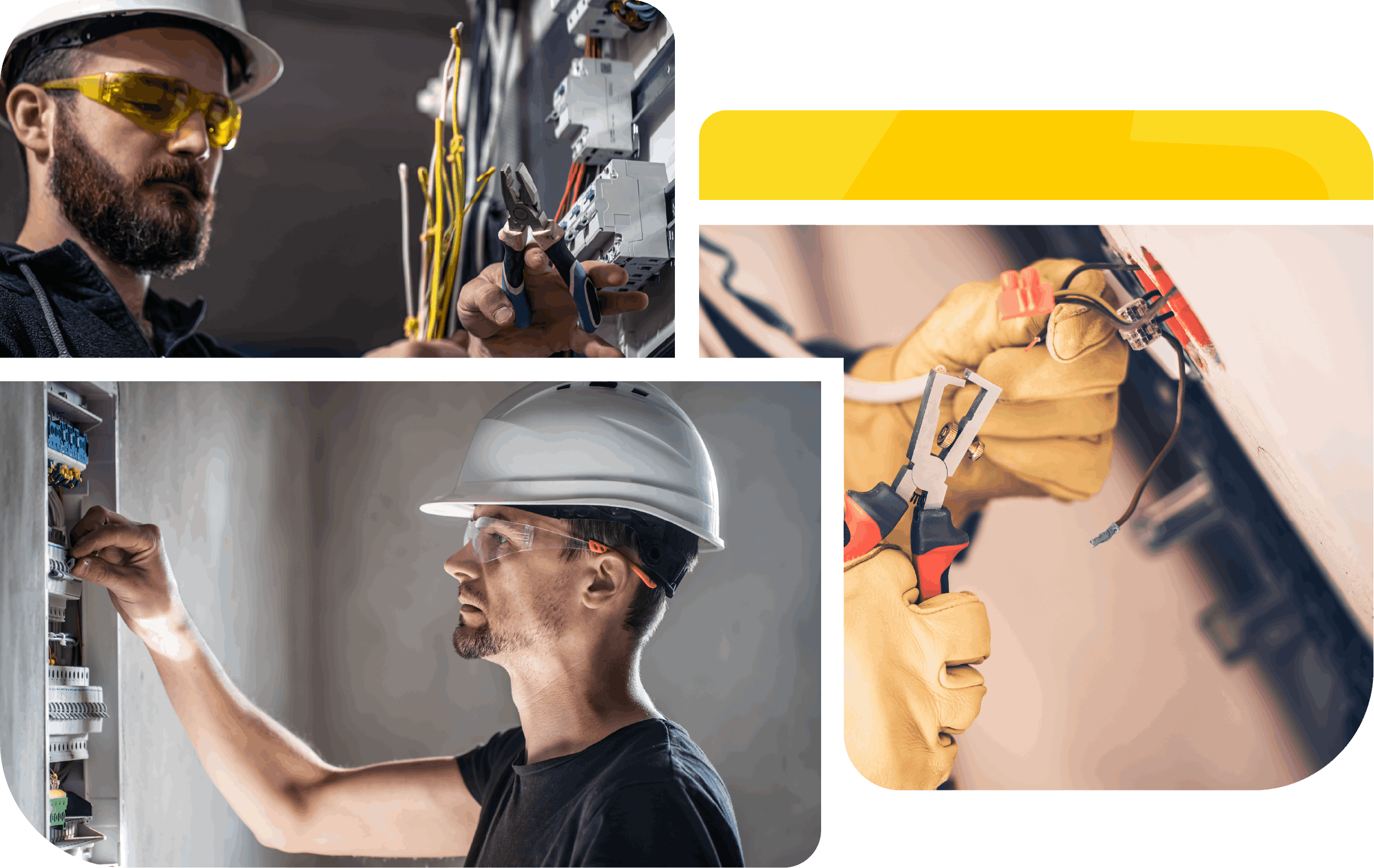 Plusieurs images représentant des électriciens occuper à travailler sur un tableau électrique ou une prise encastrée